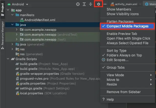 Android Studio compact middle packages option