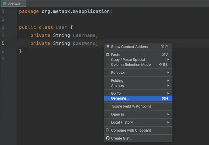 Android Studio Generate context menu