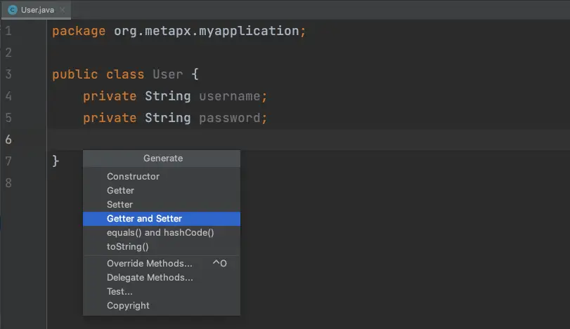 Android Studio generate getter and setter option