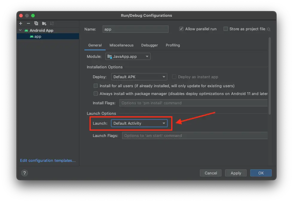 Android Studio set launch to Default Activity