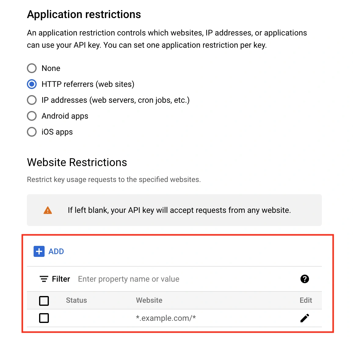 Configure API restriction settings