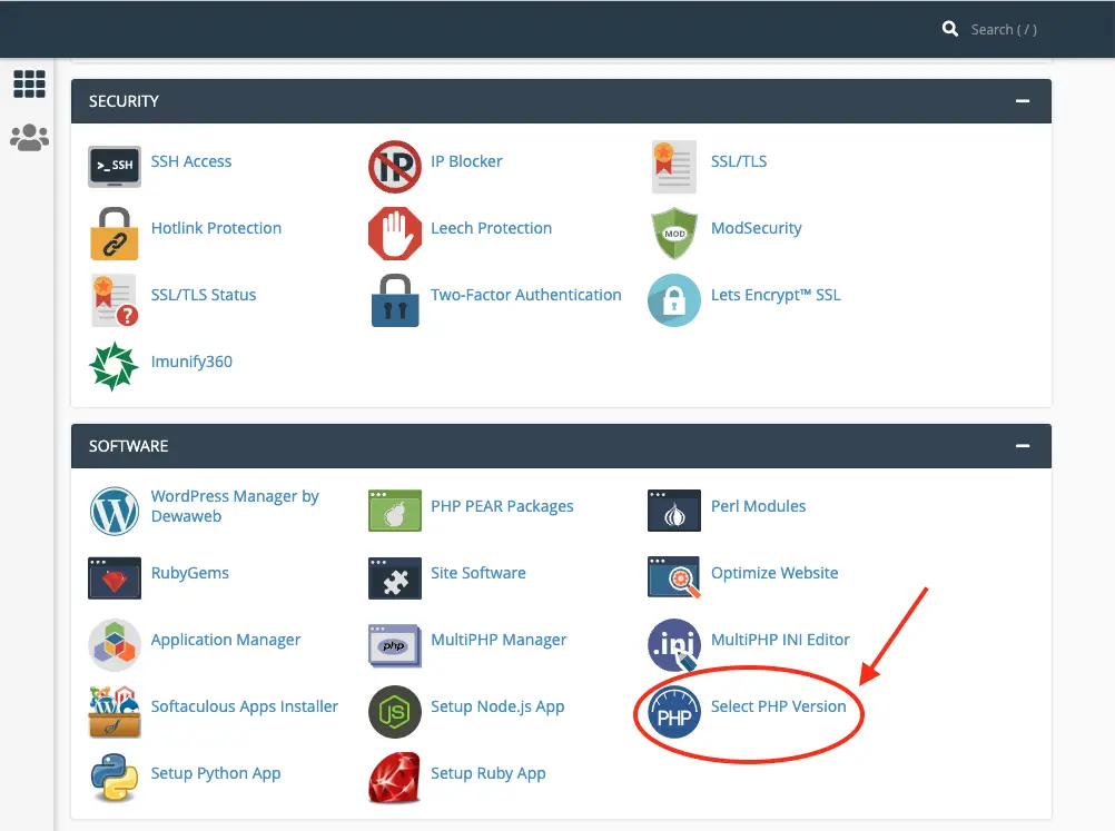 Select PHP version in cPanel