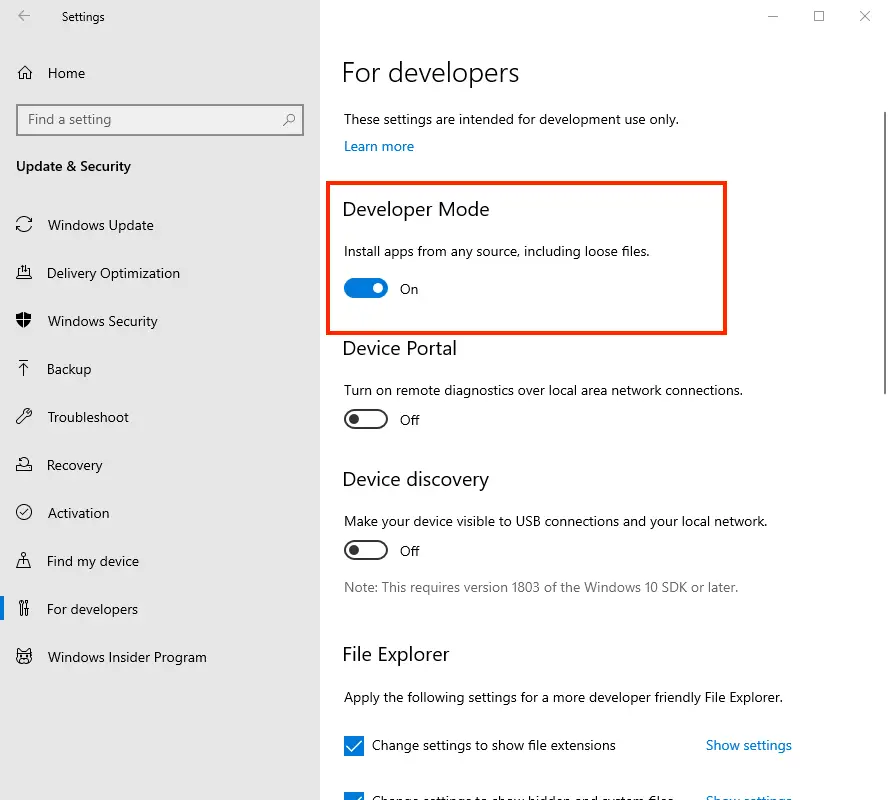 Windows 10 Developer Mode latest version