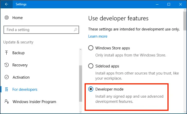 Windows 10 Developer Mode setting