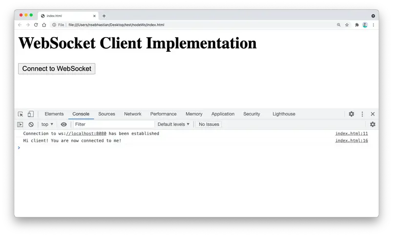 WebSocket browser client output