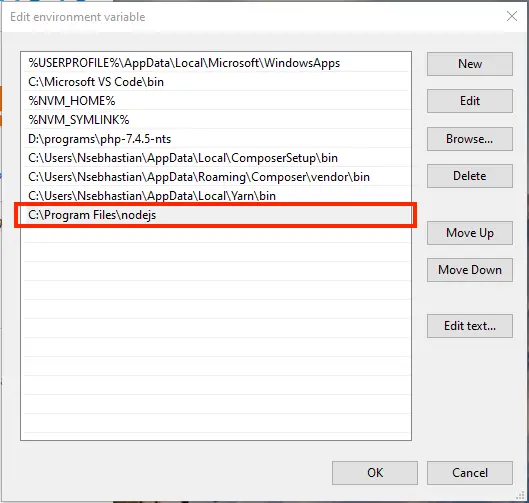 Adding the Node executable folder location to Path variable