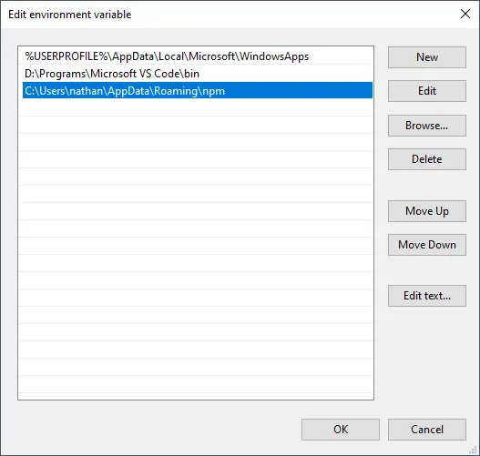 npm roaming folder added to Windows Path