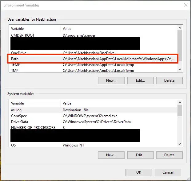 Edit the Path variable from Environment Variables window