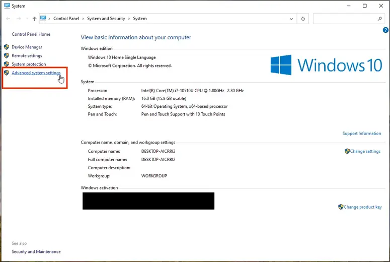 Click Advanced system settings from Properties