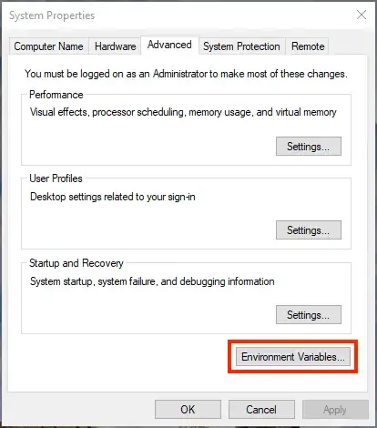 Click on Environment Variables from System Properties