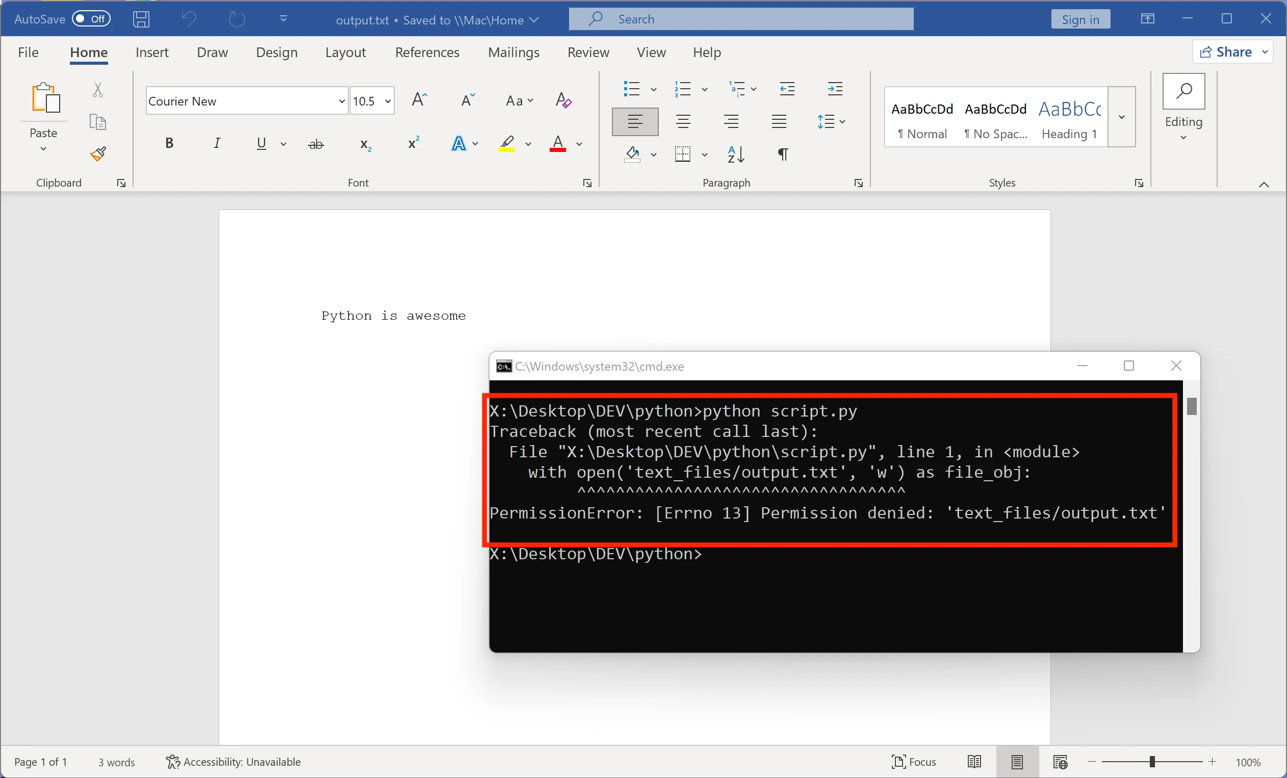 Permission denied in Python because file opened in Word