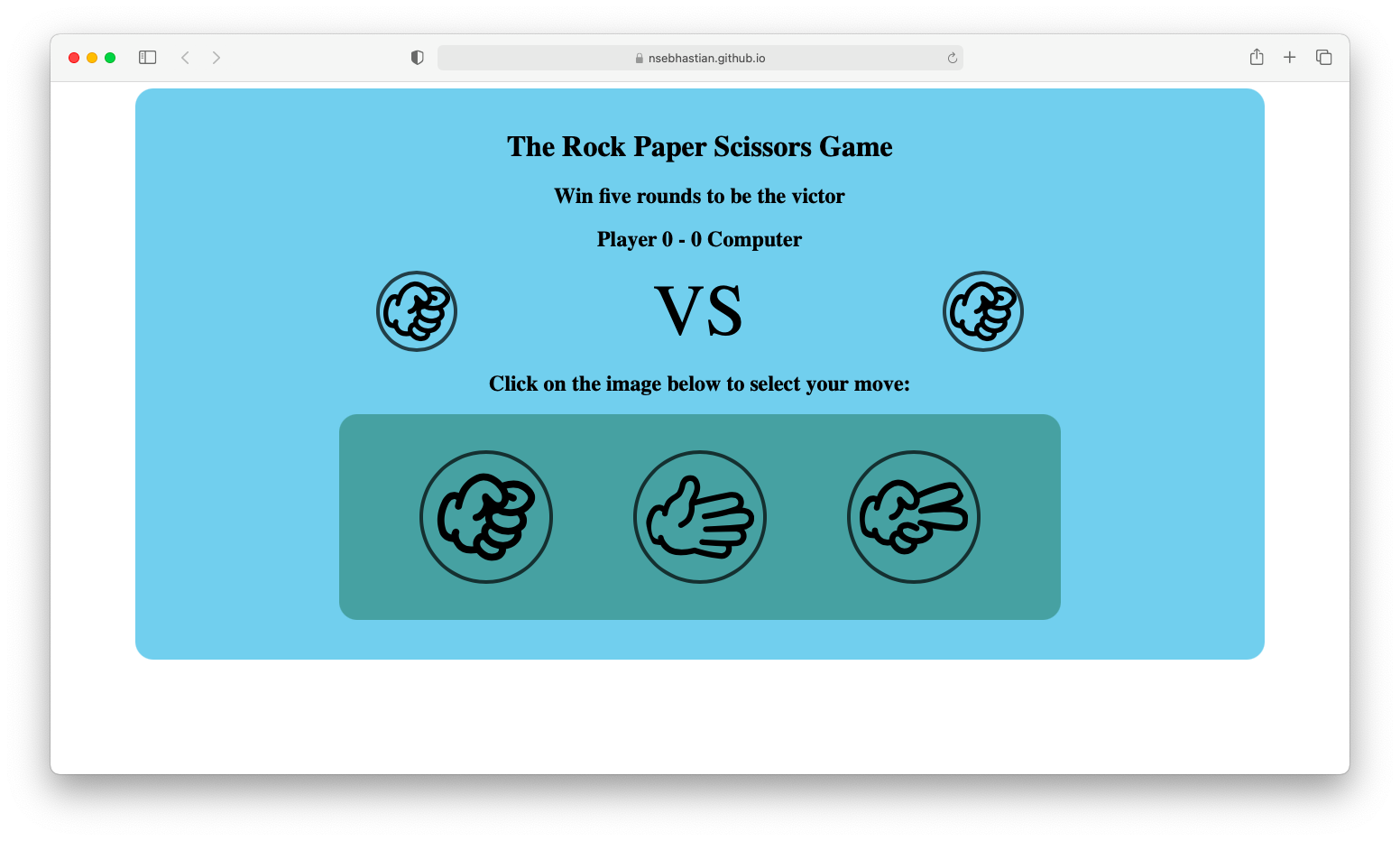 Screenshot of rock paper scissors game with JavaScript