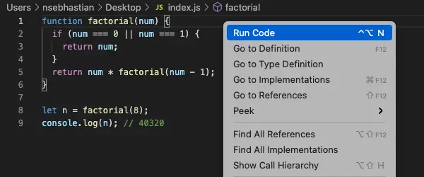 Run JavaScript code using Code Runner